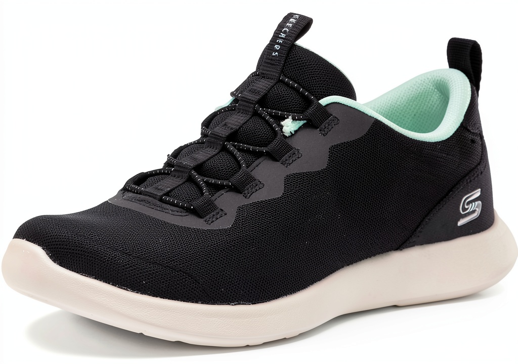 Sneaker Skechers donna in mesh nero con rifiniture bianche su sfondo neutro