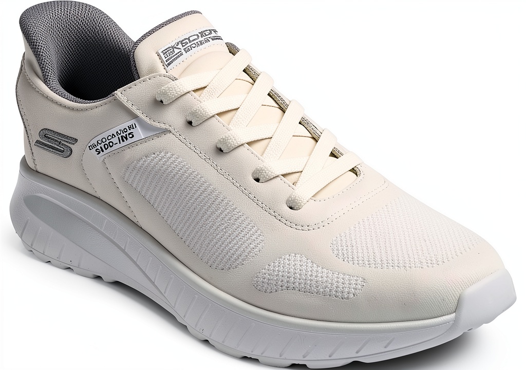 Installing Skechers Bobs Squad Chaos Sneaker Uomo Maglia Bianca Larga on a wooden desk