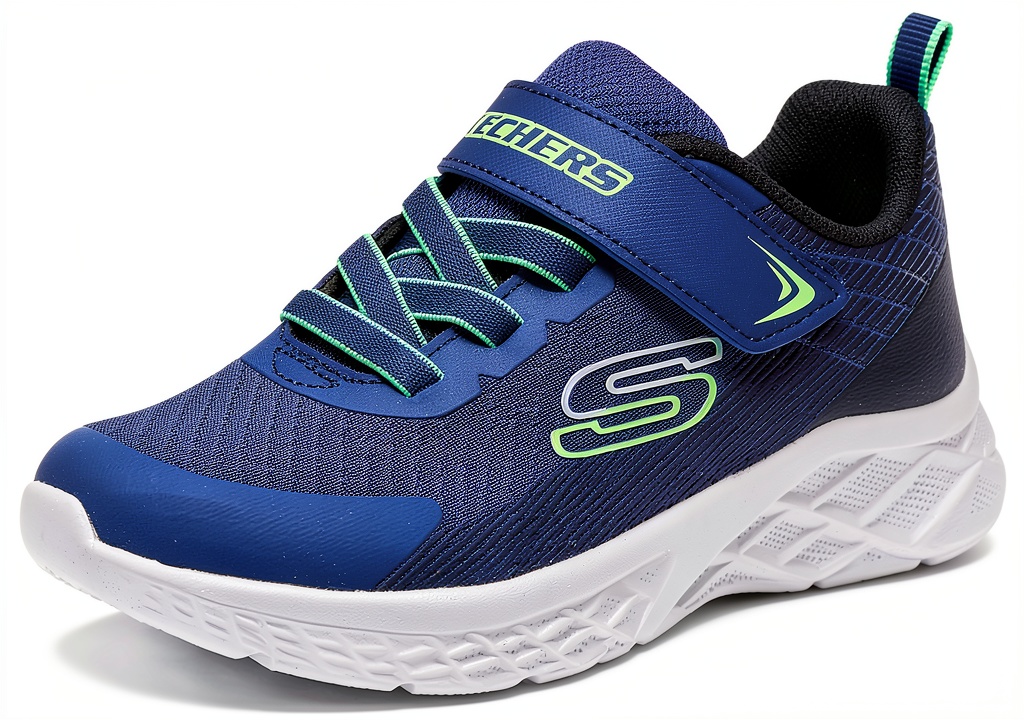Installing Skechers Sneaker Bambini Suola Flessibile Tessuto Navy Rosso on a wooden desk